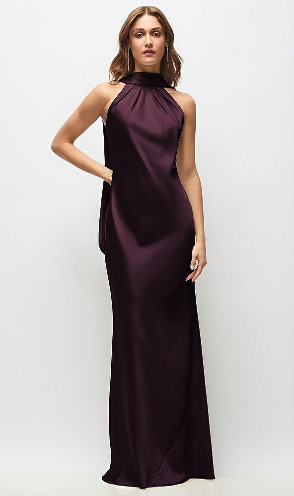 Front View - Deep Plum Draped Scarf Halter Open-Back Stretch Satin Bias Maxi Dress with Adjustable Straps