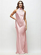 Front View Thumbnail - Ballet Pink Draped Scarf Halter Open-Back Stretch Satin Bias Maxi Dress with Adjustable Straps