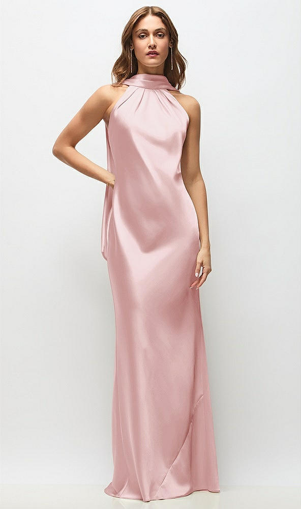 Front View - Ballet Pink Draped Scarf Halter Open-Back Stretch Satin Bias Maxi Dress with Adjustable Straps