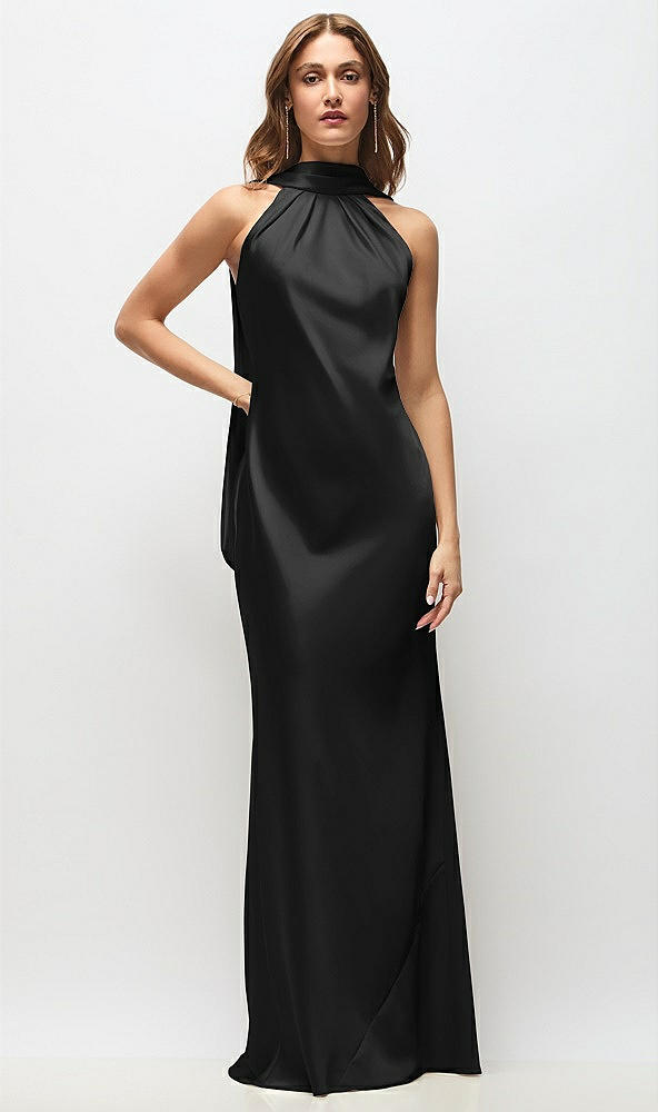 Front View - Black Draped Scarf Halter Open-Back Stretch Satin Bias Maxi Dress with Adjustable Straps