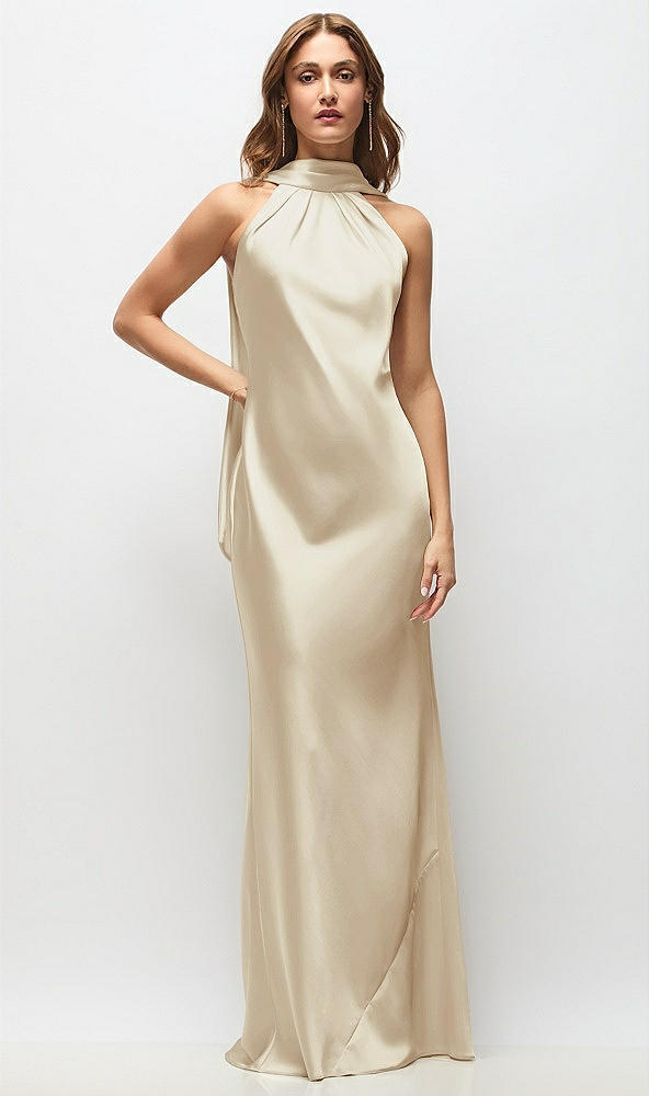 Front View - Champagne Draped Scarf Halter Open-Back Stretch Satin Bias Maxi Dress with Adjustable Straps