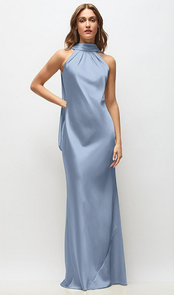 Front View - Cloudy Draped Scarf Halter Open-Back Stretch Satin Bias Maxi Dress with Adjustable Straps