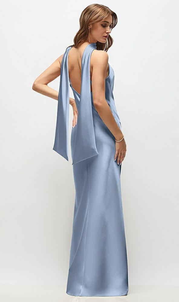 Back View - Cloudy Draped Scarf Halter Open-Back Stretch Satin Bias Maxi Dress with Adjustable Straps