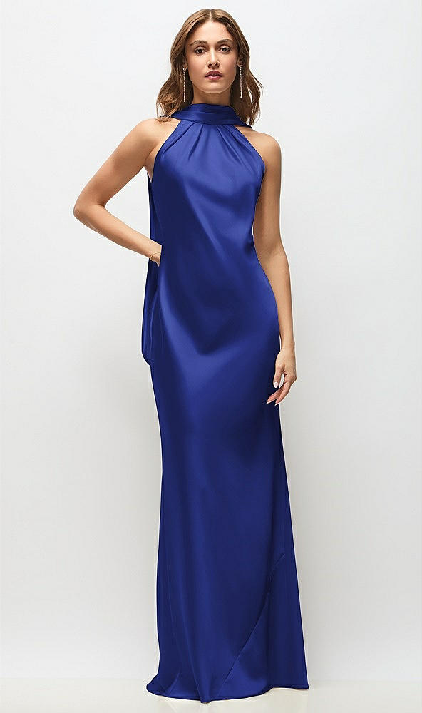 Front View - Cobalt Blue Draped Scarf Halter Open-Back Stretch Satin Bias Maxi Dress with Adjustable Straps