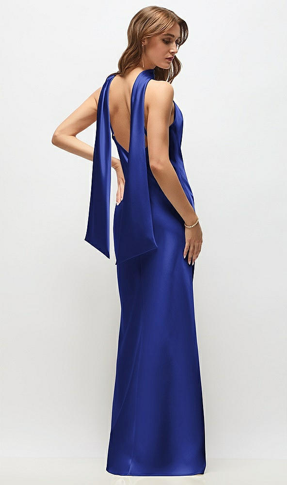 Back View - Cobalt Blue Draped Scarf Halter Open-Back Stretch Satin Bias Maxi Dress with Adjustable Straps