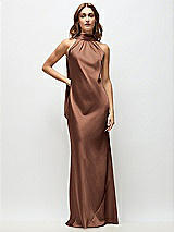 Front View Thumbnail - Cognac Draped Scarf Halter Open-Back Stretch Satin Bias Maxi Dress with Adjustable Straps