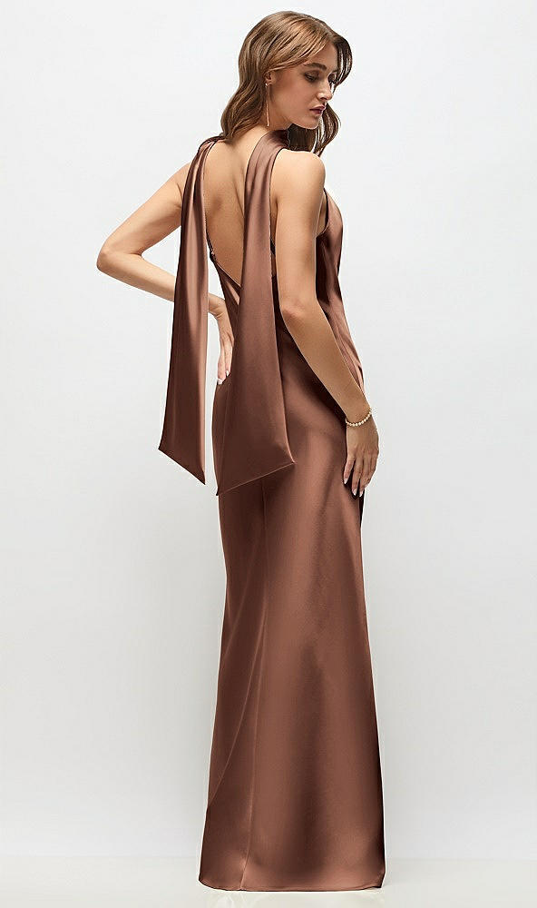 Back View - Cognac Draped Scarf Halter Open-Back Stretch Satin Bias Maxi Dress with Adjustable Straps