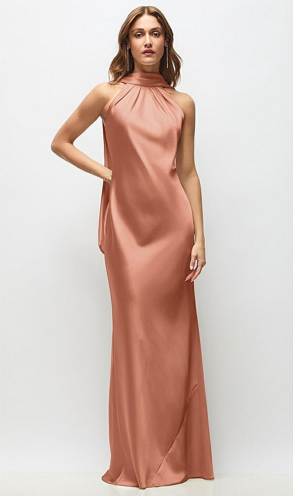 Front View - Copper Penny Draped Scarf Halter Open-Back Stretch Satin Bias Maxi Dress with Adjustable Straps
