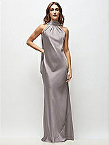 Front View Thumbnail - Cashmere Gray Draped Scarf Halter Open-Back Stretch Satin Bias Maxi Dress with Adjustable Straps