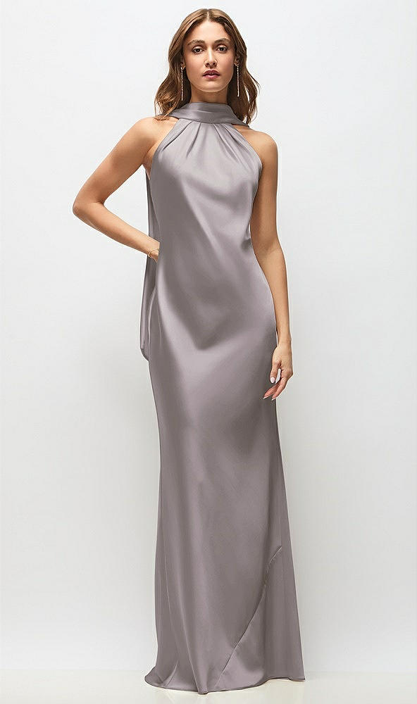 Front View - Cashmere Gray Draped Scarf Halter Open-Back Stretch Satin Bias Maxi Dress with Adjustable Straps