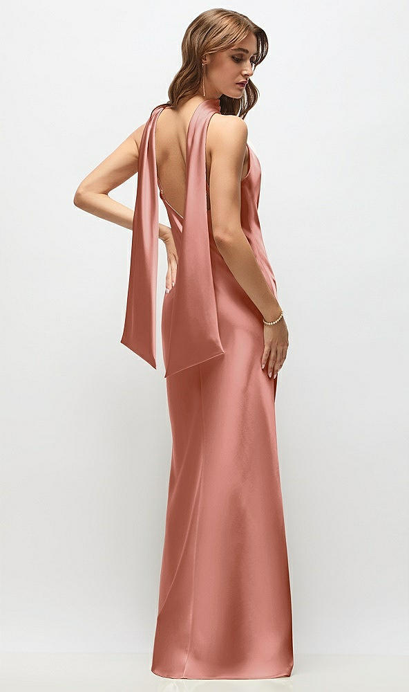 Back View - Desert Rose Draped Scarf Halter Open-Back Stretch Satin Bias Maxi Dress with Adjustable Straps
