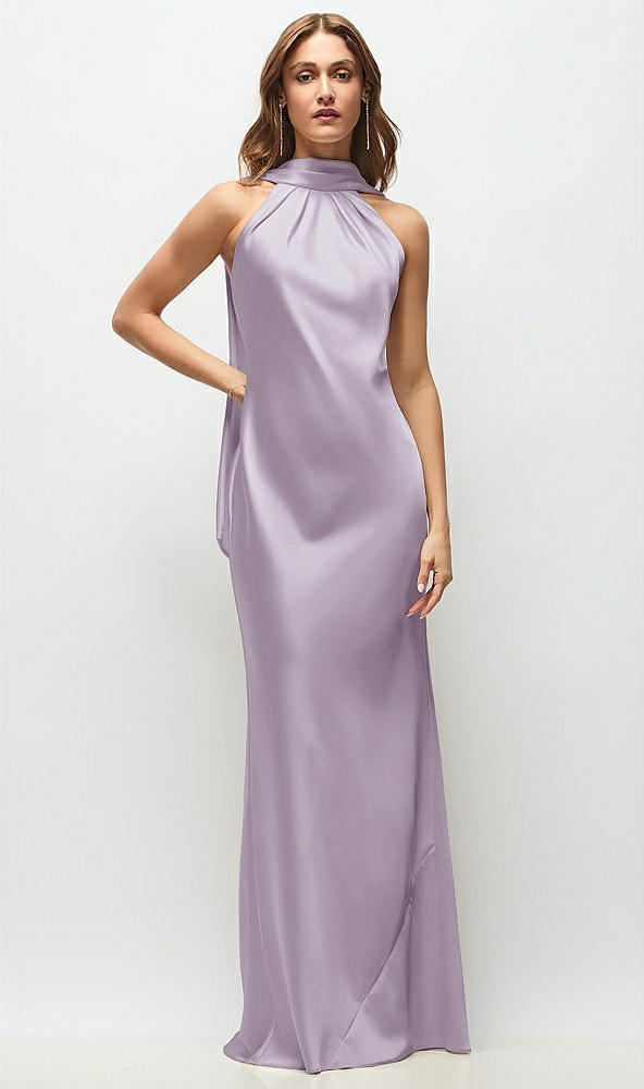 Front View - Lilac Haze Draped Scarf Halter Open-Back Stretch Satin Bias Maxi Dress with Adjustable Straps