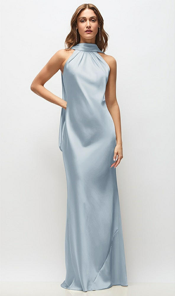 Front View - Mist Draped Scarf Halter Open-Back Stretch Satin Bias Maxi Dress with Adjustable Straps