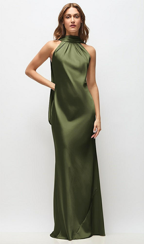Front View - Olive Green Draped Scarf Halter Open-Back Stretch Satin Bias Maxi Dress with Adjustable Straps