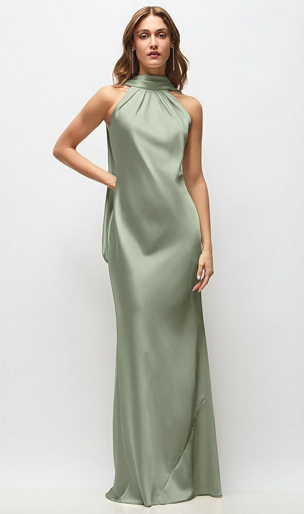 Front View - Sage Draped Scarf Halter Open-Back Stretch Satin Bias Maxi Dress with Adjustable Straps