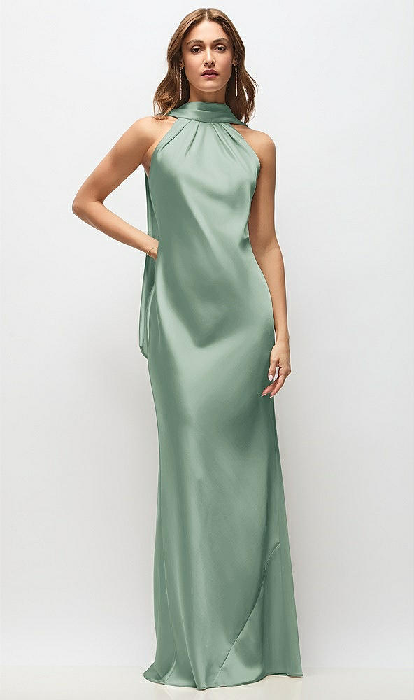 Front View - Seagrass Draped Scarf Halter Open-Back Stretch Satin Bias Maxi Dress with Adjustable Straps