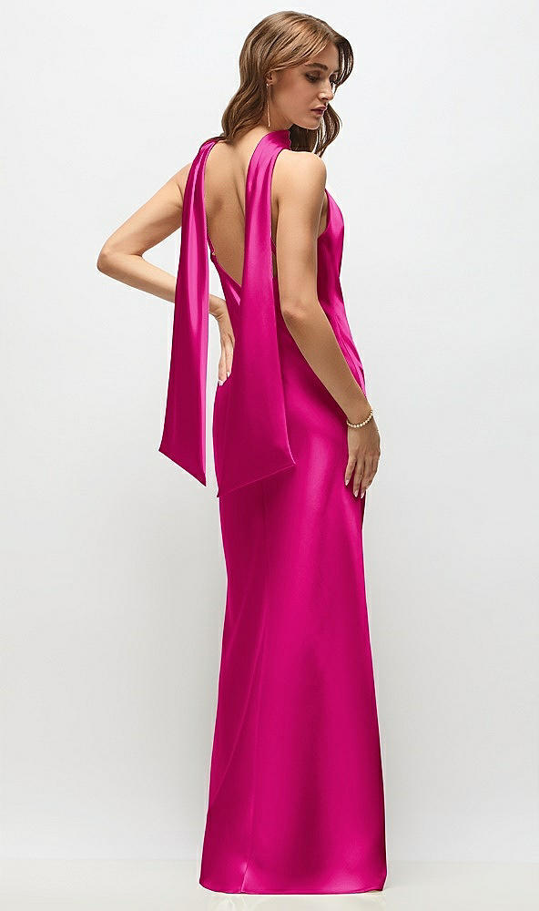 Back View - Think Pink Draped Scarf Halter Open-Back Stretch Satin Bias Maxi Dress with Adjustable Straps