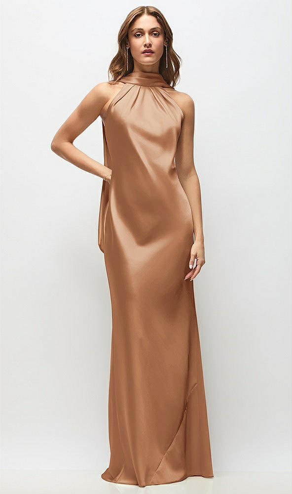 Front View - Toffee Draped Scarf Halter Open-Back Stretch Satin Bias Maxi Dress with Adjustable Straps