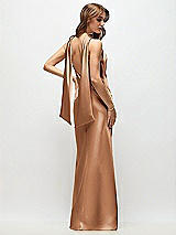 Rear View Thumbnail - Toffee Draped Scarf Halter Open-Back Stretch Satin Bias Maxi Dress with Adjustable Straps