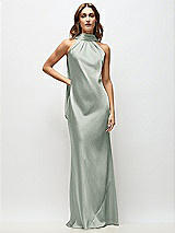 Front View Thumbnail - Willow Green Draped Scarf Halter Open-Back Stretch Satin Bias Maxi Dress with Adjustable Straps