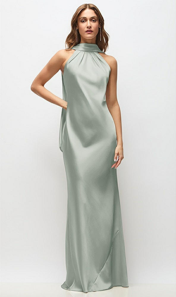 Front View - Willow Green Draped Scarf Halter Open-Back Stretch Satin Bias Maxi Dress with Adjustable Straps