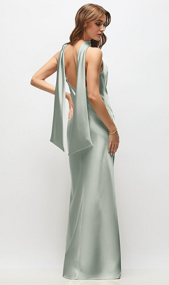 Back View - Willow Green Draped Scarf Halter Open-Back Stretch Satin Bias Maxi Dress with Adjustable Straps