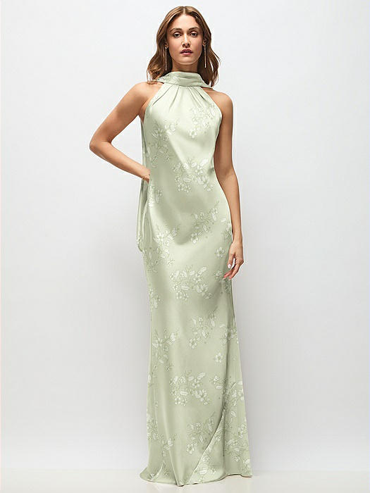 Draped Scarf Halter Open-Back Floral Stretch Satin Bias Maxi Dress with Adjustable Straps