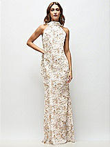 Front View Thumbnail - Golden Hour Draped Scarf Halter Open-Back Floral Stretch Satin Bias Maxi Dress with Adjustable Straps