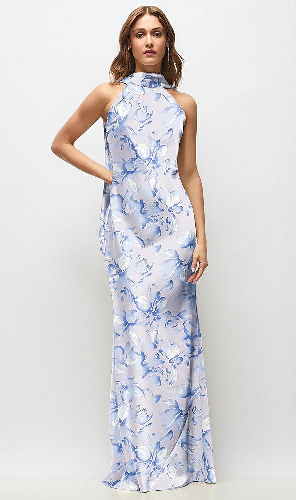 Front View - Magnolia Sky Draped Scarf Halter Open-Back Floral Stretch Satin Bias Maxi Dress with Adjustable Straps