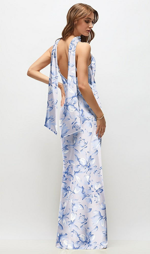 Back View - Magnolia Sky Draped Scarf Halter Open-Back Floral Stretch Satin Bias Maxi Dress with Adjustable Straps