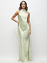 Front View Thumbnail - Vintage Primrose Celadon Draped Scarf Halter Open-Back Floral Stretch Satin Bias Maxi Dress with Adjustable Straps