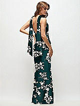 Rear View Thumbnail - Vintage Primrose Evergreen Draped Scarf Halter Open-Back Floral Stretch Satin Bias Maxi Dress with Adjustable Straps