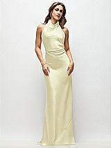 Front View Thumbnail - Butter Yellow High Cowl Neck Open-Back Stretch Satin Bias Maxi Dress