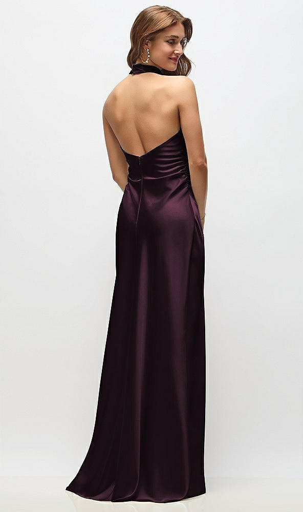 Back View - Deep Plum High Cowl Neck Open-Back Stretch Satin Bias Maxi Dress