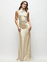 Front View Thumbnail - Champagne High Cowl Neck Open-Back Stretch Satin Bias Maxi Dress
