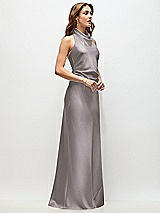Side View Thumbnail - Cashmere Gray High Cowl Neck Open-Back Stretch Satin Bias Maxi Dress