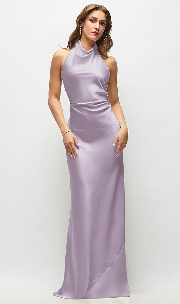 Front View - Lilac Haze High Cowl Neck Open-Back Stretch Satin Bias Maxi Dress