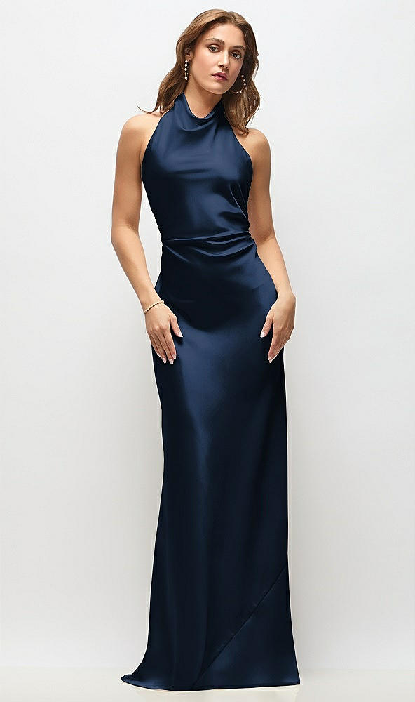 Front View - Midnight Navy High Cowl Neck Open-Back Stretch Satin Bias Maxi Dress