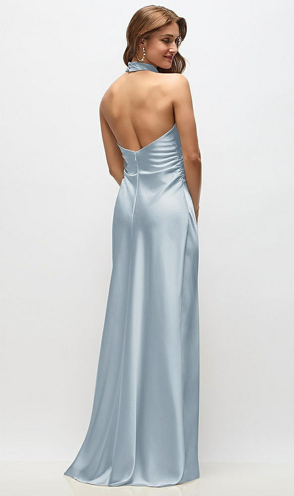 Back View - Mist High Cowl Neck Open-Back Stretch Satin Bias Maxi Dress