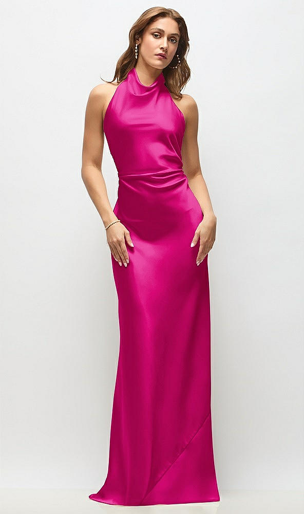 Front View - Think Pink High Cowl Neck Open-Back Stretch Satin Bias Maxi Dress