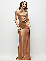 Front View Thumbnail - Toffee High Cowl Neck Open-Back Stretch Satin Bias Maxi Dress