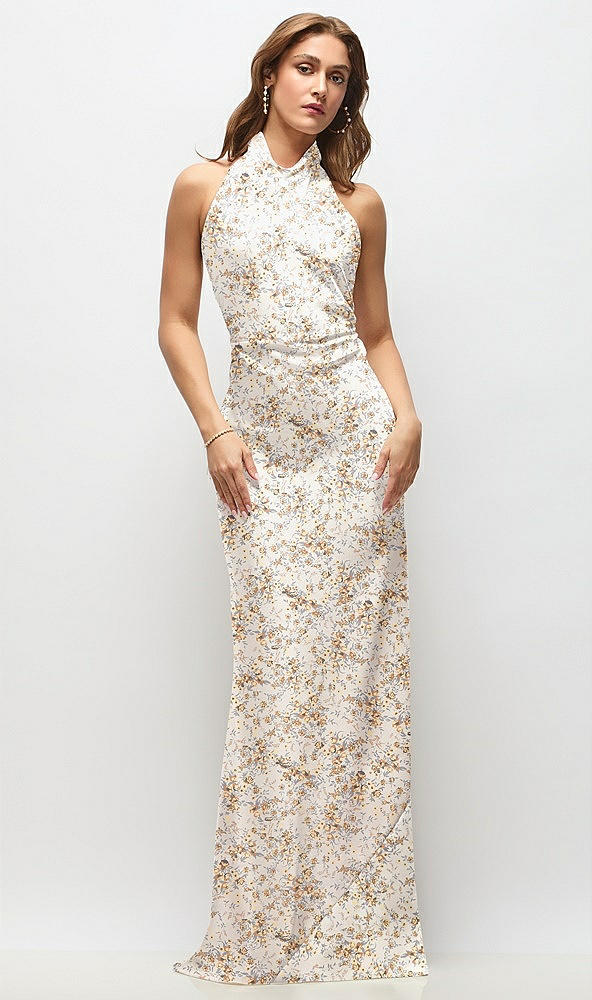 Front View - Golden Hour High Cowl Neck Open-Back Floral Stretch Satin Bias Maxi Dress