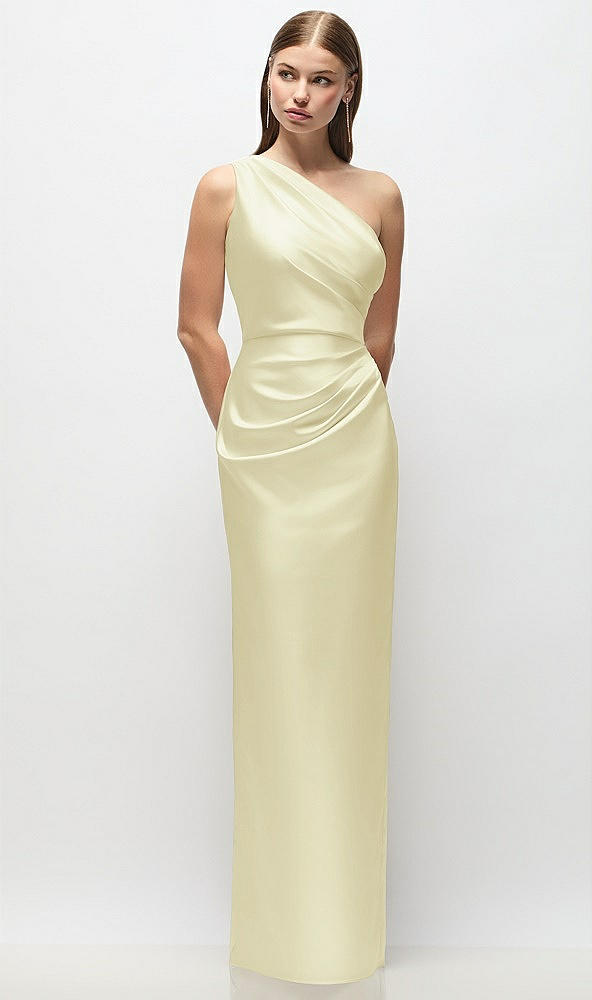 Front View - Butter Yellow One-Shoulder Draped Bodice Stretch Satin Column Maxi Dress