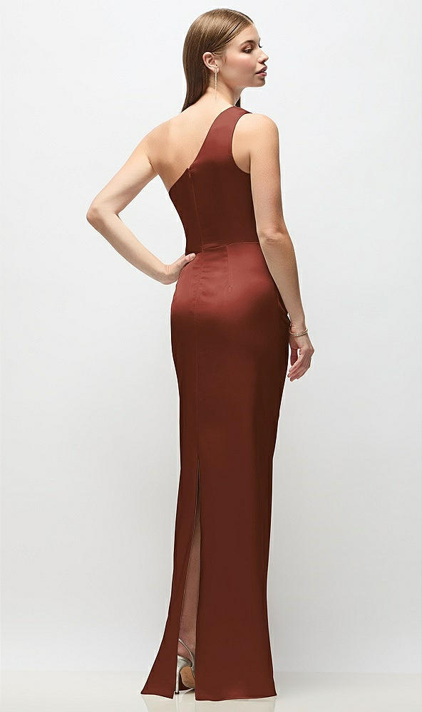 Back View - Auburn Moon One-Shoulder Draped Bodice Stretch Satin Column Maxi Dress