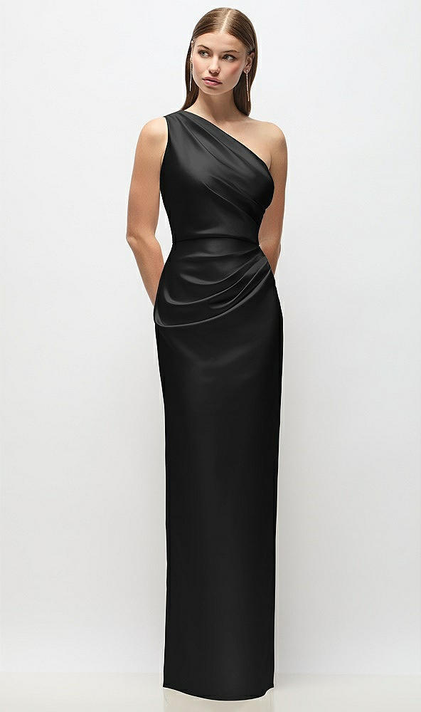 Front View - Black One-Shoulder Draped Bodice Stretch Satin Column Maxi Dress