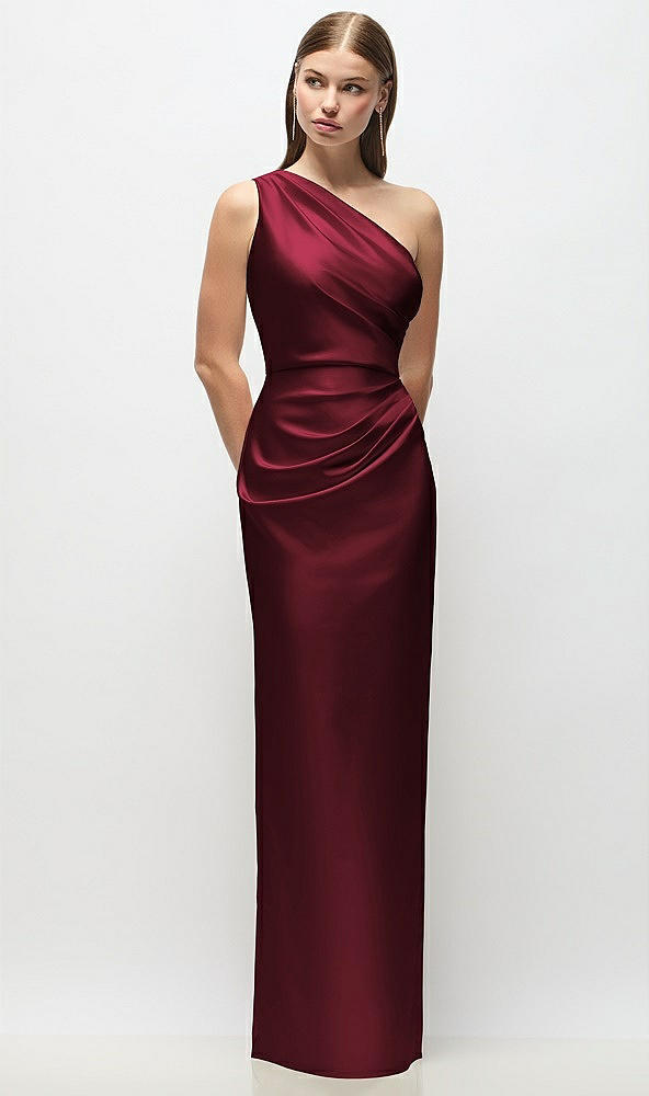 Front View - Cabernet One-Shoulder Draped Bodice Stretch Satin Column Maxi Dress