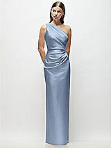 Front View Thumbnail - Cloudy One-Shoulder Draped Bodice Stretch Satin Column Maxi Dress