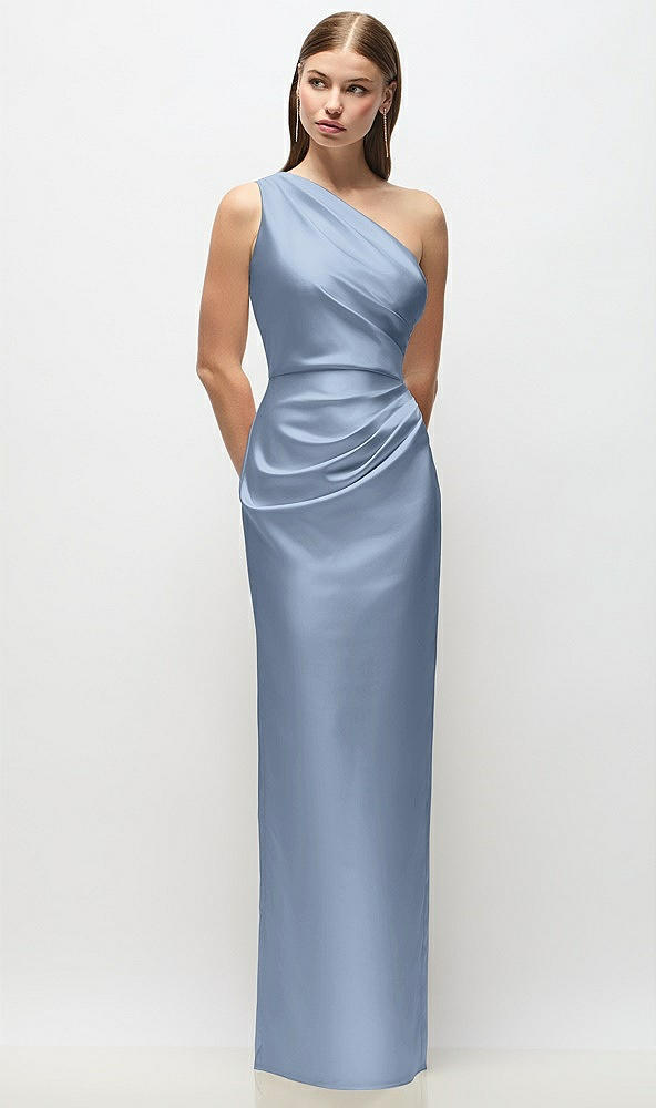 Front View - Cloudy One-Shoulder Draped Bodice Stretch Satin Column Maxi Dress