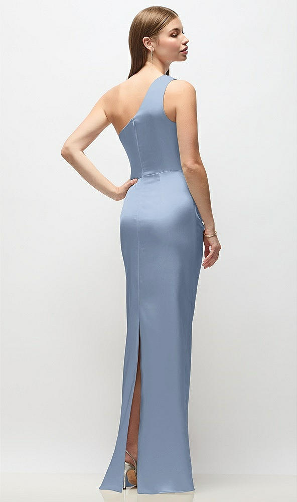 Back View - Cloudy One-Shoulder Draped Bodice Stretch Satin Column Maxi Dress