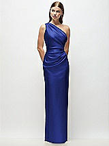 Front View Thumbnail - Cobalt Blue One-Shoulder Draped Bodice Stretch Satin Column Maxi Dress